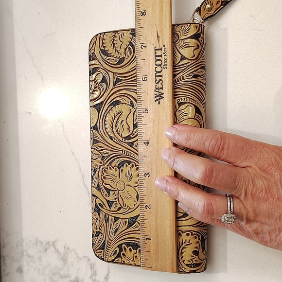 Floral Embossed Zip Around Wallet Tan Dark Brown Background Multiple Card Slots - Picture 4 of 6